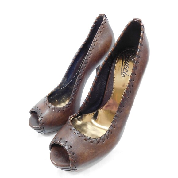 GUCCI BROWN WHIPSTITCH PEEP TOE PLATFORM HIGH HEELS SZ 38 NWOT - Picture 1 of 15